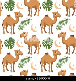 Seamless pattern with cute camels tropical leaves and moon on white background Stock Vector
