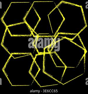 Distressed yellow hexagons set. Rough stroke shapes Vector. Black background texture detail. Artistic paint shape art. Stock Vector