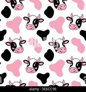 Cute cow head seamless pattern with black and pink spots on white background Stock Vector