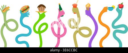 Colorful long flexible hands with meal Stock Vector