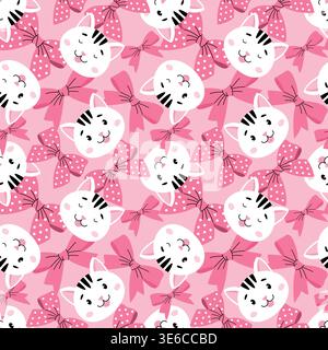 Cute cat heads with pink bows seamless pattern on pink background Stock Vector