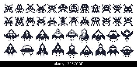 8 bit pixel art space ships and alien invaders Stock Vector