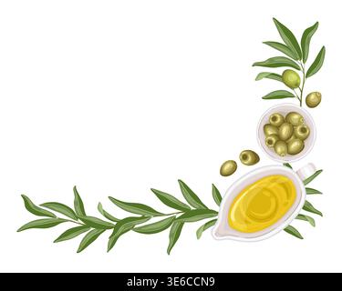 Olive oil and fruit top view vector food illustration. Hand drawn corner composition with branch and gravy boat. Italian organic ingredient for restaurant menu design. Perfect for culinary packaging. Stock Vector