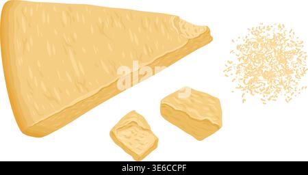 Parmesan cheese set top view vector doodle illustration. Italian food cartoon drawing for menu and restaurant template. Isolated grated and triangle piece for culinary product graphic design. Stock Vector