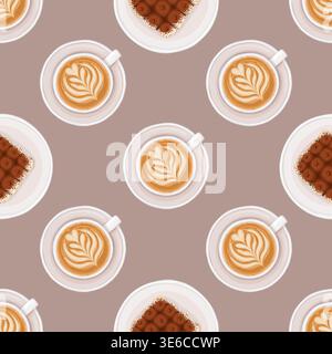 Cappuccino coffee and tiramisu cake vector seamless pattern. Hand drawn italian dessert on brown background. Sweet cafe menu design for restaurant. Kitchen ornament for paper and product packaging. Stock Vector