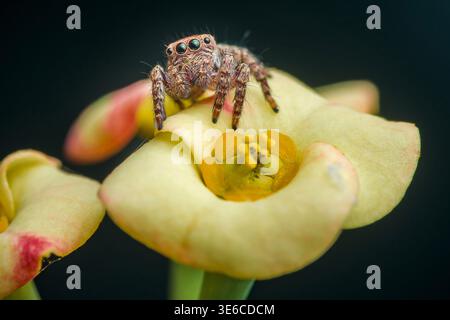 Jumping spider with large eyes sitting on a yellow flower, observing its natural habitat in a detailed macro view. Thailand photography, no generative Stock Photo