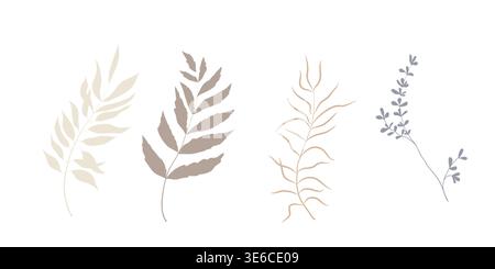 Twigs with leaves, simple flat drawing, hand-drawn. Vector illustration. Collection of forest tree branches and meadow herbs, isolated on a white back Stock Vector