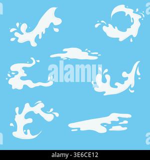 Milk splashes and drops on a blue background. Vector illustration. Milk waves and splashes for dairy product advertising, simple design isolated on a Stock Vector