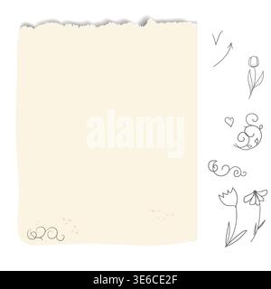 Piece of paper with a torn edge and simple doodle drawings. Vector illustration. Ripped paper isolated on background. White scraps of paper for scrapb Stock Vector