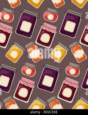 Vector seamless pattern with berry jams on dark background. Texture of flask with sweet drinks in flat cartoon style for wallpaper, textile and wrappe Stock Vector