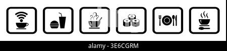Different symbols show cafe services like wifi, drinks, food, and utensils for customer needs, vector illustration Stock Vector