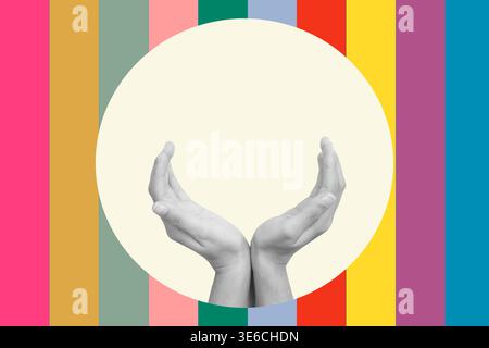 Collage of woman hands in asking gesture on a white circle on a multicolored background Stock Photo
