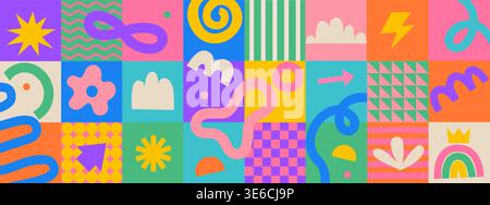 Horizontal kids background with fun hand drawn doodle shapes and squiggles in childish style on geometric background. Colorful drawings, collage elements. Childish design for design and print. Vector Stock Vector