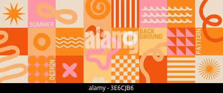 Horizontal summer geometric background with fun hand drawn doodle shapes and squiggles in childish style. Hot poster with colorful drawings and collage elements. Vector illustration. Stock Vector