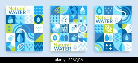 Set flyers for natural water,geometric background in flat style. Geometry minimalistic water drops,simple shapes of wave,green leaf,drop.Great for banner,web poster,template,cover design, label.Vector Stock Vector