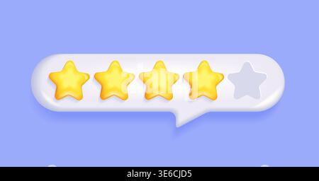 3d five star rating in text speech bubble. Positive 4 stars customer product rating review for apps,websites. Feedback,dissatisfied quality.Four elements for rating designation,hotels status. Vector Stock Vector