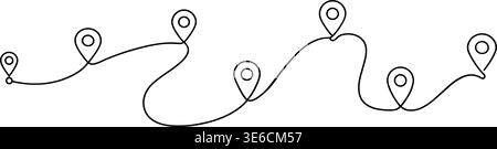 One Line Route with Map Pins – Continuous Travel Path Vector Illustration Stock Vector