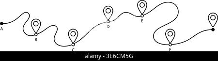 One Line Route with Map Pins – Continuous Travel Path Vector Illustration Stock Vector