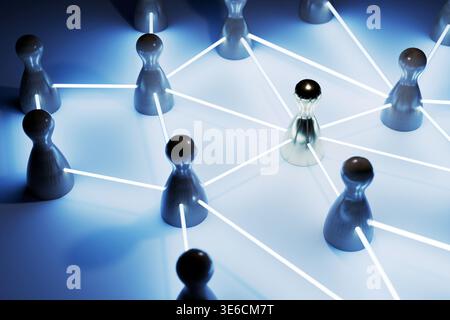 vibrant conceptual image of a human-shaped network linked by glowing neon lines. A single golden figure stands as the central hub, representing leader Stock Photo