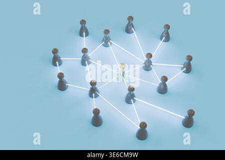 gold pawn stands at the center of a network of dark pawns connected by glowing lines on a blue background. conceptual image representing leadership, n Stock Photo