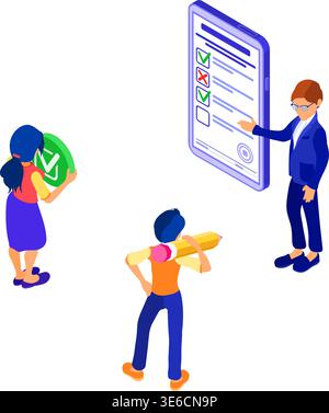 Online survey banner with isometric characters. feedback online chat. questionnaire form from phone. survey research. isometric vector illustration Stock Vector