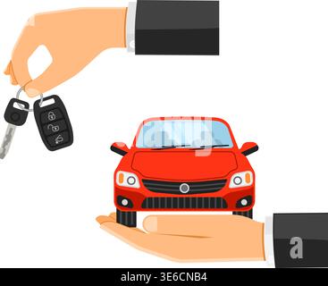 Rent amd Buying Car Banner for Poster, Web Site, Advertising like Hand, Car and Key. Stock Vector