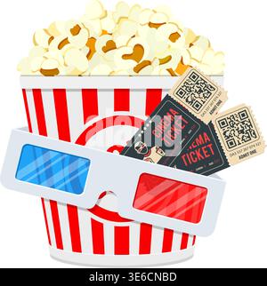 Cinema and Movie time Banner with flat icons popcorn, 3d glasses and tickets. vector illustration Stock Vector