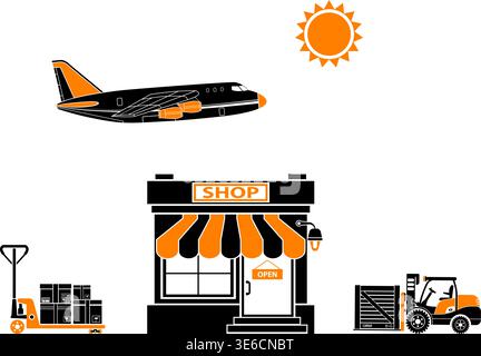 Delivery Concept with Icon Set such as Plane, Forklift, Shop. Vector for Brochure, Web Site and Printing Advertising on theme delivery of goods. Stock Vector