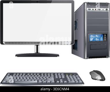 Realistic High Detailed 3D Computer Case with Monitor, Keyboard and Mouse, on transparent background. desktop pc with shadow. isolated vector illustra Stock Vector