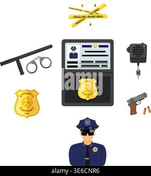 Law and Order Concept with flat icons Policeman, Badge, Handcuffs, gun and radio. vector illustration Stock Vector