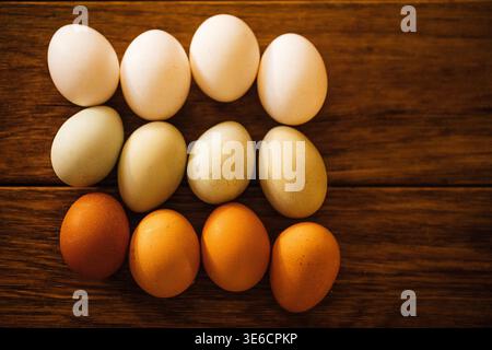 Assorted eggs in shades of white, brown, and green are arranged in a grid on a wooden surface, highlighting their natural colors and textures Stock Photo