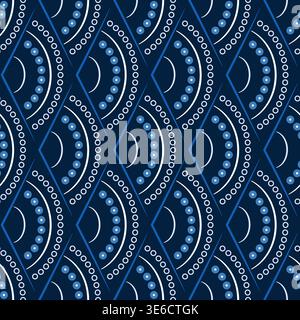 Art Deco dark blue arches seamless pattern. Monochrome wavy ornament. Scales ethnic design. Mosaic tiles background. Semicircular and dots elements Stock Vector