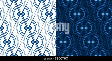 Geometric monochrome blue seamless pattern. Zigzag diagonal lace ornament of semicircles and angles. Expressive geometric shapes. Concentric arcs Stock Vector