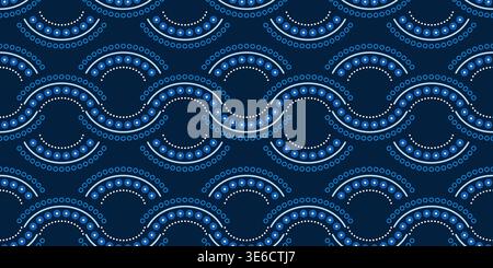 Monochrome blue linear seamless pattern. Wavy lace ornament of semicircles. Elegant ethnic dark background. Concentric arcs made from small circles Stock Vector