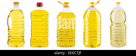 Collection of plastic bottles filled with vegetable oil isolated on white background. Different shapes and sizes of cooking oil containers. Food packa Stock Photo