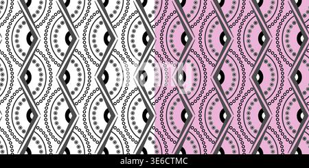 Geometric monochrome seamless pattern. Zigzag lace ornament of semicircles and angles. Black concentric arcs made from small circles on white Stock Vector