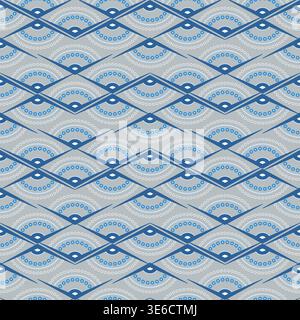 Geometric blue seamless pattern on gray background. Zigzag lace ornament of semicircles and angles. Expressive geometric shapes. Winter unusual decor Stock Vector