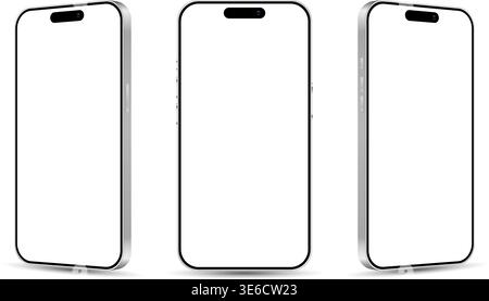 Silver smartphone devices in front and side angle for advertisement. Realistic mobile phones with blank screen, user interface mockup template set Stock Vector