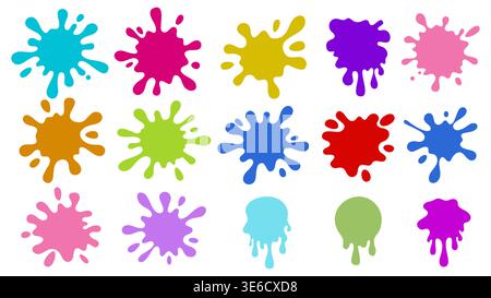 Set of colorful paint splashes, ink blots and dripping stains in flat vector style Stock Vector