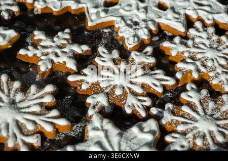 Iced Snowflake Gingerbread Cookies on Dark Background Stock Photo