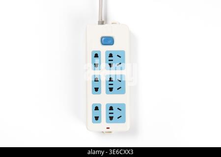 Power strip with multiple universal sockets and a blue power button on white background Stock Photo