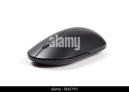 Black wireless computer mouse on white background, showing scroll wheel and modern design Stock Photo