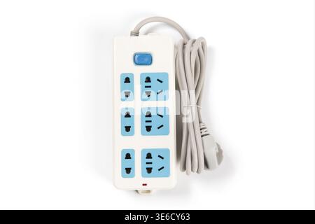 White power strip with multiple universal outlets, cable, and switch on white background Stock Photo