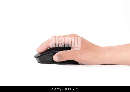 Hand resting on and manipulating a dark computer mouse creating an action Stock Photo