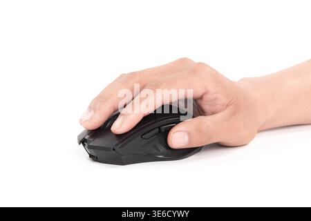 Hand using black wireless computer mouse on white background Stock Photo