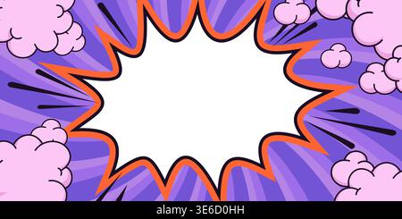 vector comic star banner with blank center over purple radial background with clouds and dynamic splash lines. Starburst vector banner with energetic Stock Vector