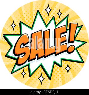 Round sale sticker in bright yellow with bold orange lettering on white starburst shape. Cheerful comic style badge for retail promotions, summer Stock Vector