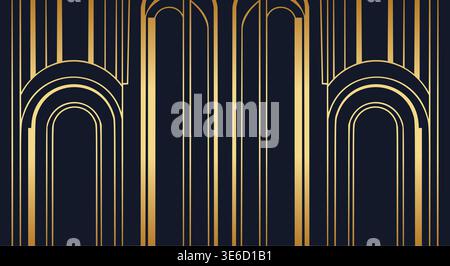A luxurious Art Deco vector background featuring shimmering golden geometric patterns, including bold vertical lines and elegant arched motifs, agains Stock Vector
