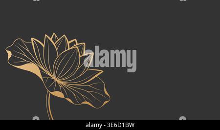 An elegant golden outline of a lotus flower with a partially filled leaf, gracefully rendered on a deep dark grey background. This luxurious vector il Stock Vector