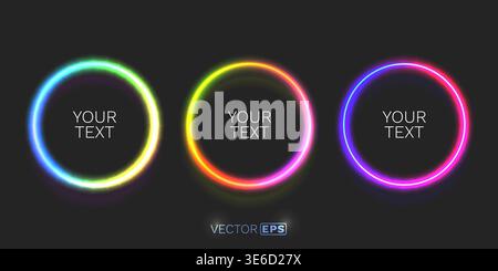 Set of three vibrant neon glowing circle frames on dark background, perfect for text, logo, or design elements. Vector illustration Stock Vector